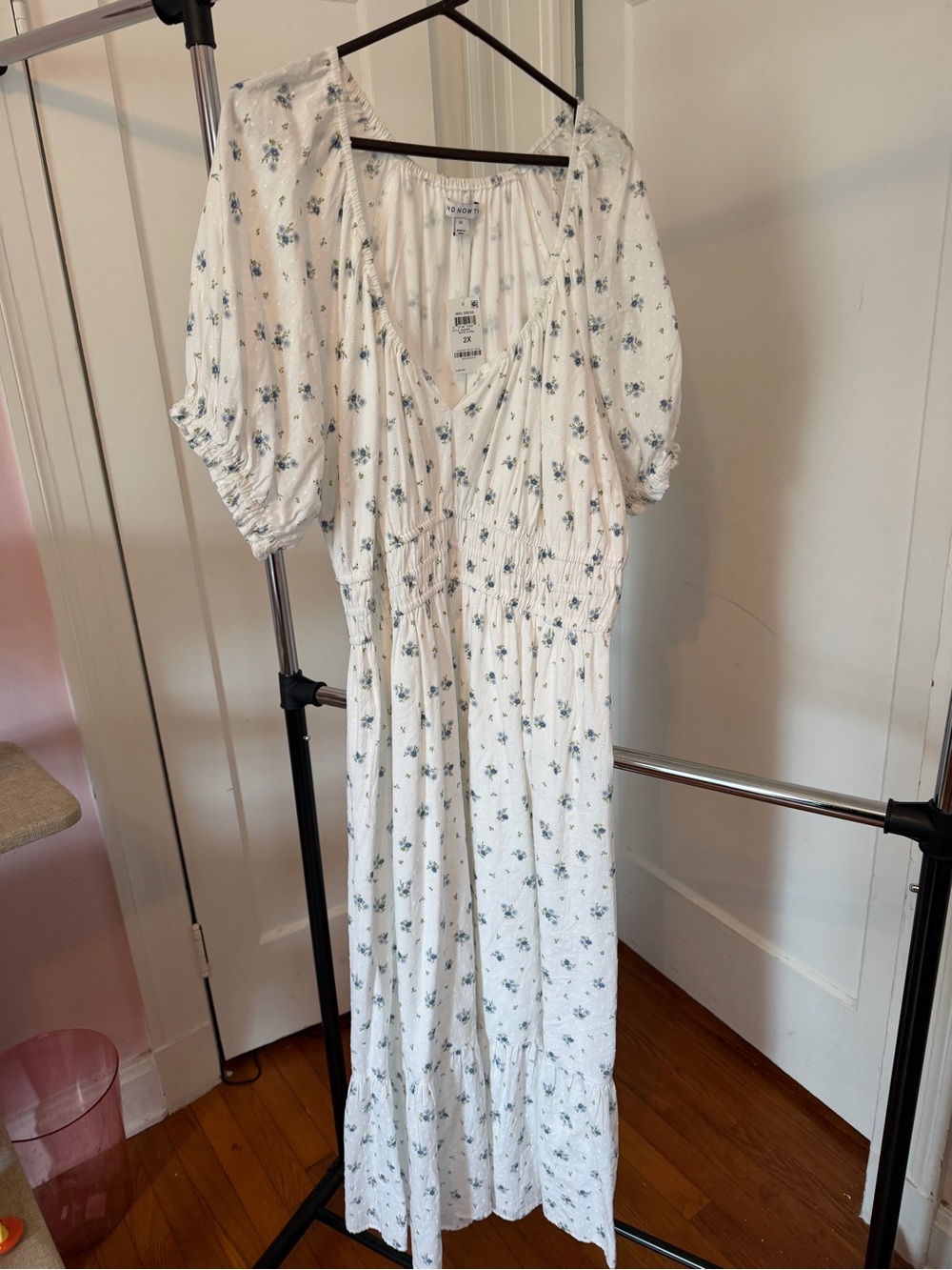 Smocked V-Neck Maxi Dress in White with Green Floral Print